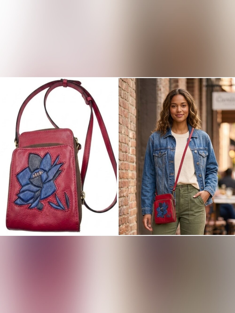Patricia Nash Red Leather Phone Bag Wallet Crossbody Purse Blue Flower Inlay